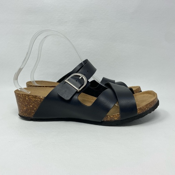 Natural Reflections Black Two Strap Open Toe Wedge Sandals - Picture 4 of 12